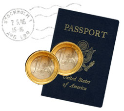 Photo of Passport, Euro Coins and Stamp
